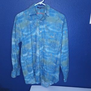Alan Flusser  Paisley Boho Retro Style Cotton Small Button Up Long Sleeve Blue S